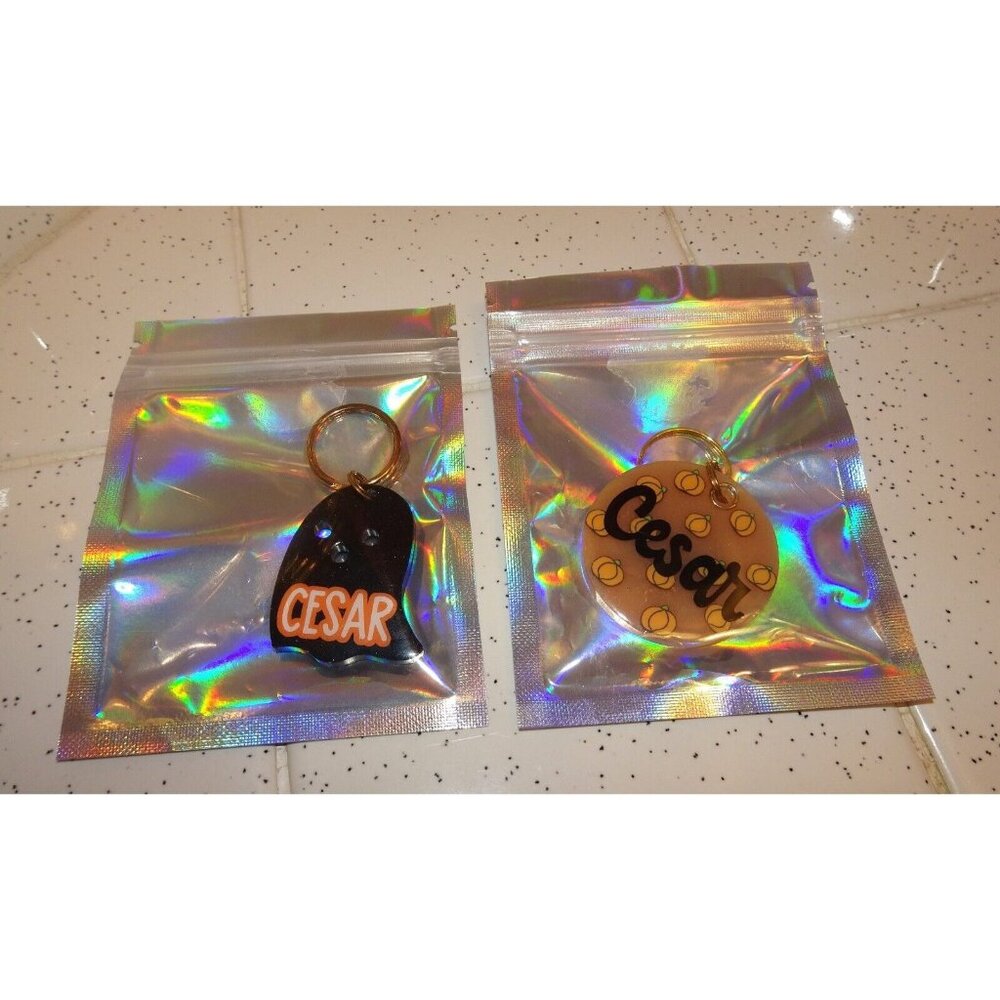 Two Halloween Themed Resin Cesar Dog I.D. Tags ghost pumpkins pet identification